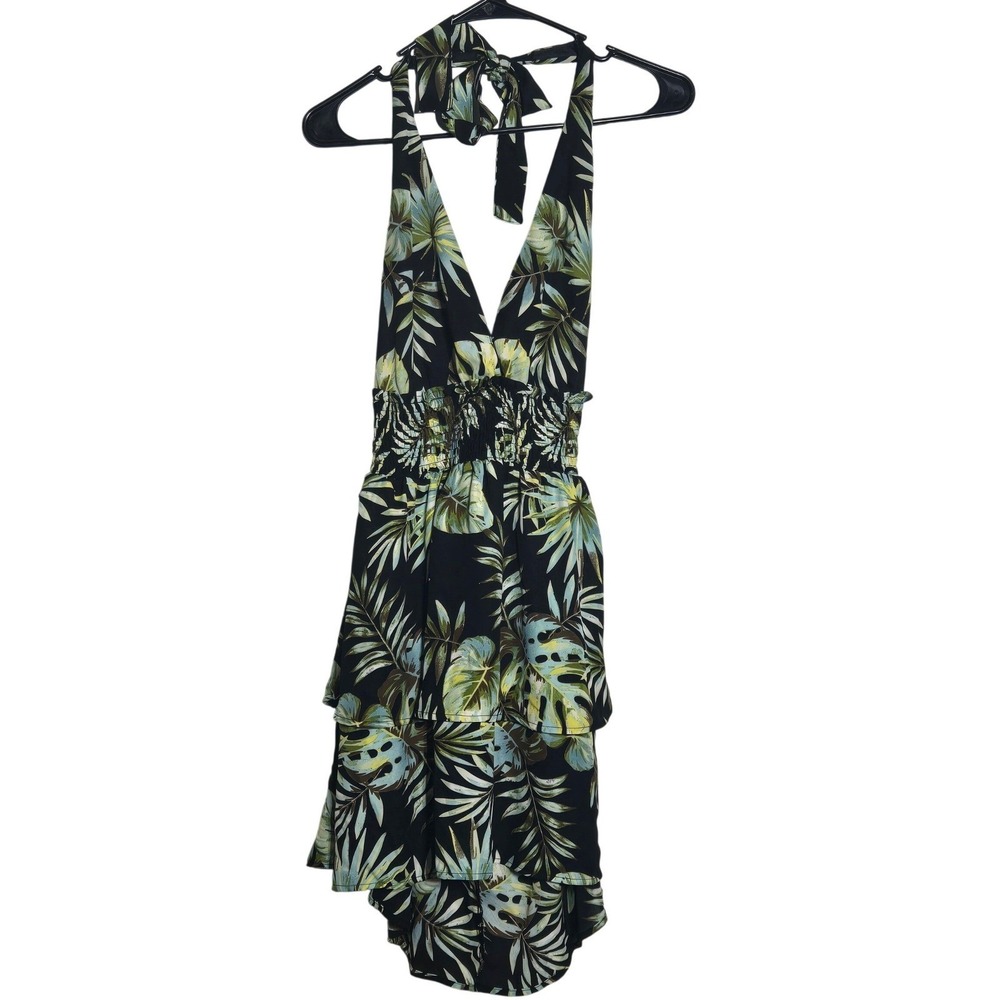Madden NYC Halter Tiered Mini Dress L Tropical Smocked Ruffle Resort Vacation